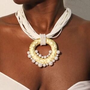 White Statement Collar Necklace with Gold & Faux Pearl Accent –Fashion Jewelry